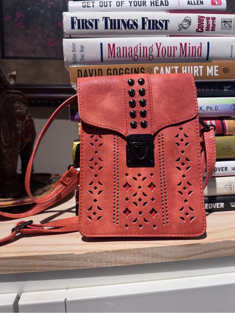 Women’s Coral Crossbody Bag with Laser-Cut Detail and Stud Accents
